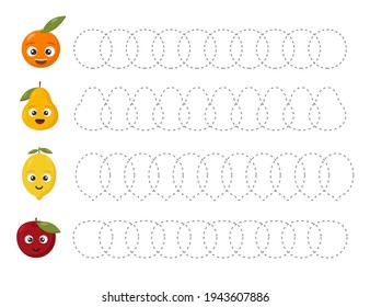 Vector illustration. Educational tracing worksheet for kids kindergarten, preschool and school age. Trace the fruits.  Dashed lines. 