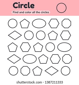 Vector illustration. Educational worksheet for kids kindergarten, preschool and school age. Geometric shapes. Circle, oval, pentagon, hexagon, octagon, rhombus. Find and color. 