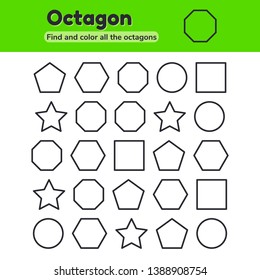 Vector illustration. Educational worksheet for kids kindergarten, preschool and school age. Geometric shapes. Pentagon, octagon, hexagon, circle, square, star. Find and color. 