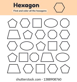 Vector illustration. Educational worksheet for kids kindergarten, preschool and school age. Geometric shapes. Pentagon, octagon, hexagon, trapezoid, oval, square. Find and color. 