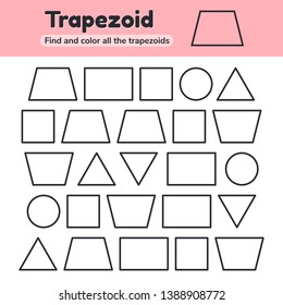 Vector illustration. Educational worksheet for kids kindergarten, preschool and school age. Geometric shapes. Rectangle, square, circle, triangle, trapezoid. Find and color. 
