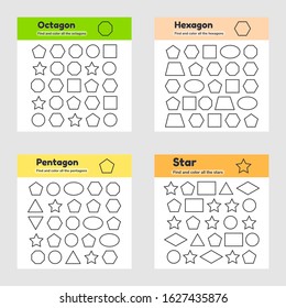 Vector illustration. Educational worksheet for kids kindergarten, preschool and school age. Geometric shapes. Find and color. 