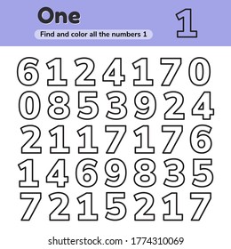 Vector illustration. Educational worksheet for kids kindergarten, preschool and school age. Numbers. Find and color. 
