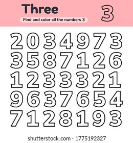 Vector illustration. Educational worksheet for kids kindergarten, preschool and school age. Numbers. Three. Find and color. 