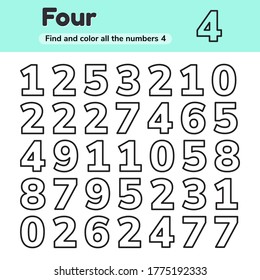 Vector illustration. Educational worksheet for kids kindergarten, preschool and school age. Numbers. Four. Find and color. 