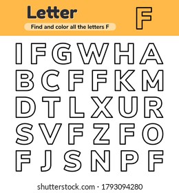 Vector illustration. Educational worksheet for kids kindergarten, preschool and school age. Letters. Find and color. 