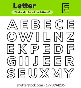 Vector illustration. Educational worksheet for kids kindergarten, preschool and school age. Letters. Find and color. 