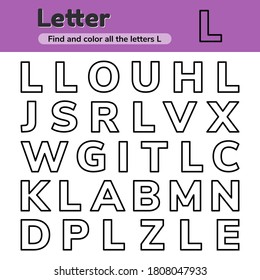 Vector illustration. Educational worksheet for kids kindergarten, preschool and school age. Letters. Find and color. 