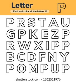 Vector illustration. Educational worksheet for kids kindergarten, preschool and school age. Letters. Find and color. 