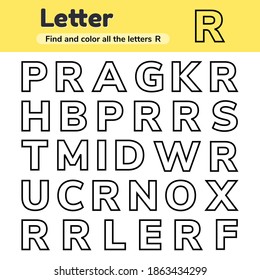 Vector illustration. Educational worksheet for kids kindergarten, preschool and school age. Letters. Find and color. 