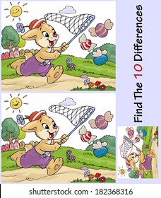 Vector illustration, educative game, rabbit chasing eggs, cartoon concept.