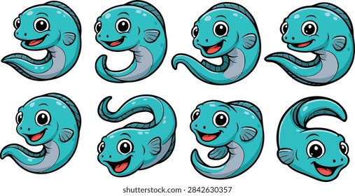 vector illustration of eel fish funny cute cartoon mascot character cartoon with 8 poses