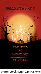Vector illustration of eerie cemetery on yellow moon background with castle and pumpkin on Halloween night. Used as leaflets, flyers, posters, advertisements.