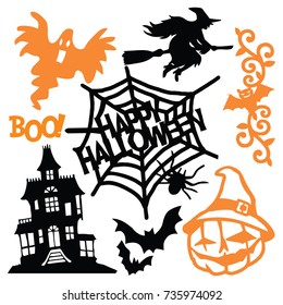 A vector illustration of eerie halloween paper cut silhouette set. This includes halloween design elements like jack-o-lantern, witch, ghost and haunted house.