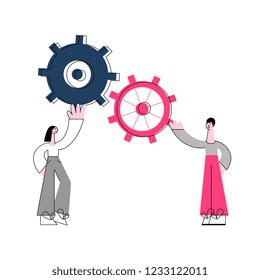 Vector illustration of effective teamwork concept with two people holding connected gears in flat style - isolated man and woman supporting cogwheel for successful work of business.