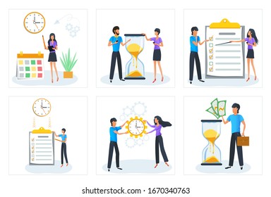 Vector illustration of effective time management. Business people organizing their tasks, working time, activities, prioritize goals using to do list. Project management. Schedule office work plan