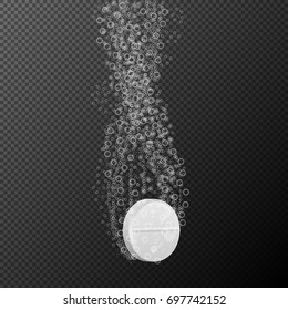 Vector illustration of effervescent pill, soluble tablet falling in water with fizzy bubbles, isolated on black background. Illustration clip art, design element.