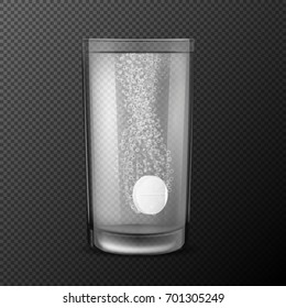 Vector illustration of effervescent tablet, soluble pills falling in a glass with water with fizzy bubbles isolated on a black background. Illustration of an art clip, design element.