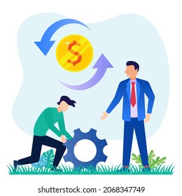 Vector illustration of efficiency and productivity comparison with profit comparison. Strategy in running a business. The character pushes the load with gear.
