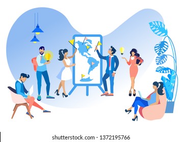 Vector Illustration Efficiency and Productivity. Men and Women Meet Office. People Discuss and Mark Objects Big Screen. Creating Successful Business Necessary to Have Personal Motivation.