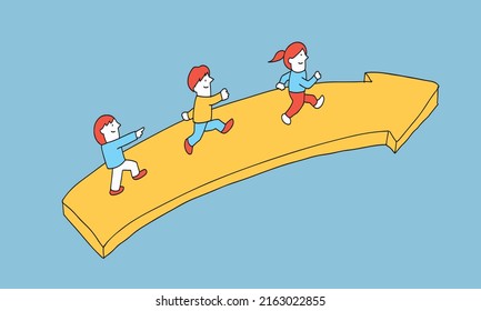 Ilustración vectorial del concepto de esfuerzo. Gente corriendo isométrica sobre flechas.