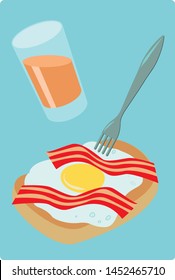 A vector illustration of an egg and bacon sandwich with a fork stucking in it and a glass of orange drink on a light blue background