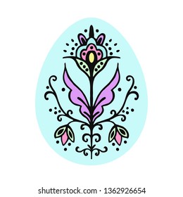 Vector illustration. Egg of blue color without black edging. Easter egg with floral ornaments.  