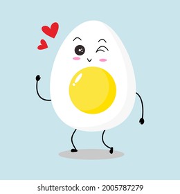 Vector illustration of egg character with cute expression, lovely wink, adorable easter egg isolated on white background, simple minimal style, boiled egg for mascot collection, emoticon with love