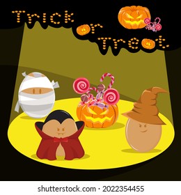 Vector illustration of egg character use halloween costume. Trick or treat candy and pumpkin bucket. egg use mummy and vampire costume. egg use witch hat.