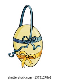 Vector illustration of egg embraced with silk ribbons in yellow and blue colors and bowknots. Fabric element design in retro style for decoration isolated on white background 