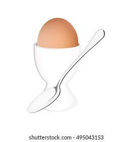Vector illustration egg holder with brown chicken egg and spoon. Healthy breakfast