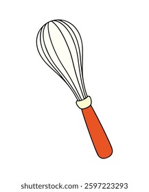 Vector illustration of an egg whisk with orange handle isolated on a white background.