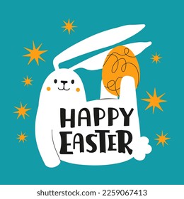 Vector illustration with egg, white rabbit, stars and lettering phrase. Happy Easter. Colored typography print design, greeting card template