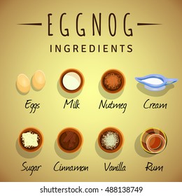 Vector illustration of eggnog cocktail ingredients. Beige background