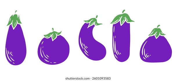 Vector illustration of eggplant in cartoon flat style different shapes. Set of fresh vegetables plants for healthy food. Collection design elements for child textile print, stamp, kids education book.