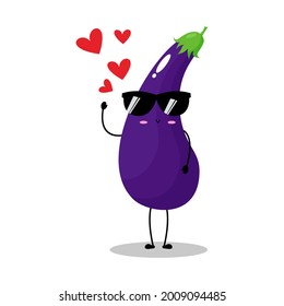 Vector illustration of eggplant character with cute expression, lovely sunglasses, funny, eggplant isolated on white background, simple minimal style, vegetable for mascot collection, emoticon, kawaii