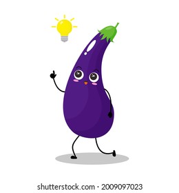 Vector illustration of eggplant character with cute expression, smart, get idea, funny, eggplant isolated on white background, simple minimal style, vegetable for mascot collection, emoticon, kawaii