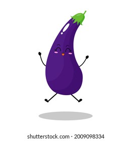 Vector illustration of eggplant character with cute expression, jump, happy, fun, eggplant isolated on white background, simple minimal style, vegetable for mascot collection, emoticon, kawaii
