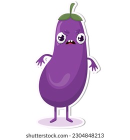 Vector illustration of eggplant character sticker with cute expression, cool, funny, eggplant isolated