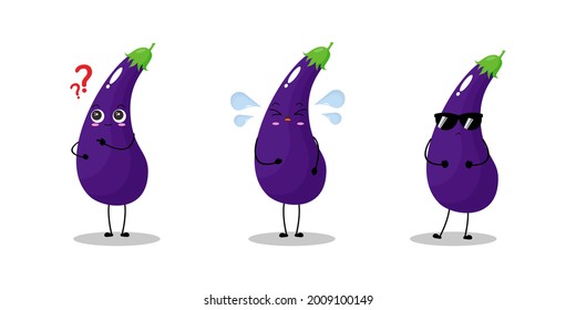 Vector illustration of eggplant character with various cute expression, funny, eggplant isolated on white background, simple minimal style, fresh fruit for mascot collection, emoticon