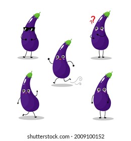 Vector illustration of eggplant character with various cute expression, cool, fun, set of eggplant isolated on white background, simple minimal style, fresh fruit for mascot collection, emoticon