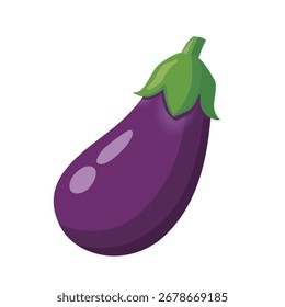 Ilustración vectorial de berenjena, cuerpo púrpura profundo con tallo verde, estilo minimalista simple
