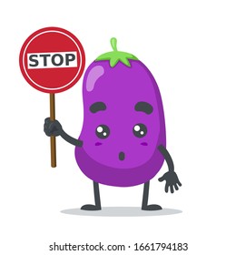vector illustration of eggplant mascot (character) holding sign says no