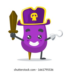 ilustración vectorial de la mascota de berenjena (personaje) que usa traje pirata