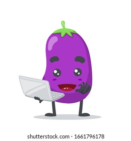 vector illustration of eggplant mascot (character) presentation with computer