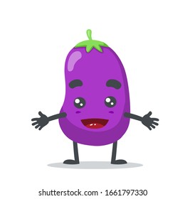 vector illustration of eggplant mascot (character) happy and open hand