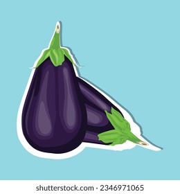 Vector illustration eggplant vegetable sticker in cartoon flat style. Aubergine purple fresh, plant food, organic healthy, agriculture brinjal garden. Raw violet eggplant sliced in white background.
