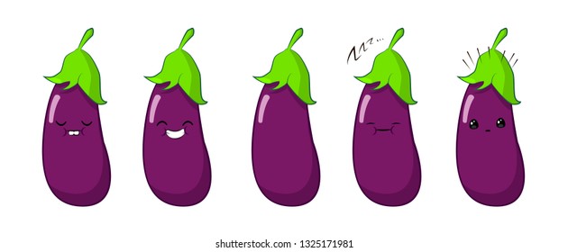 vector illustration of an eggplants Cute cartoon vegetable vector character set isolated on white. Emotions. Stickers. Kawaii