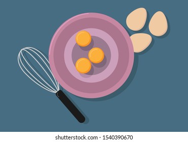 Vector illustration. Eggs in a bowl and a whisk