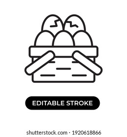 Vector illustration of eggs icon. five eggs in the basket with two crack eggs. Editable stroke with line design style